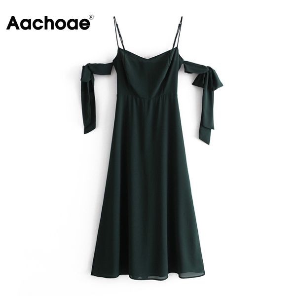 

vintage solid color spaghetti strap women v neck bow tie backless party dress a line sleeveless midi dresses 210413, Black;gray