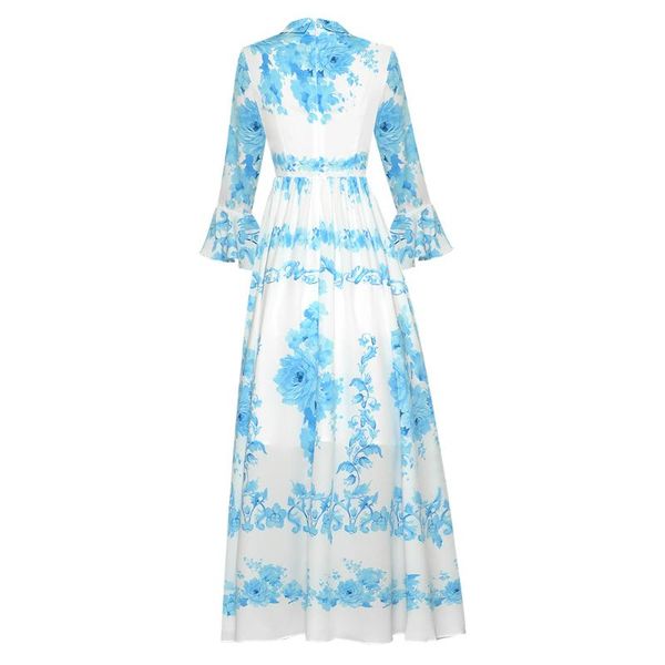 

casual dresses est 2021 designer runway fashion shirt collar floral printed long dress, Black;gray