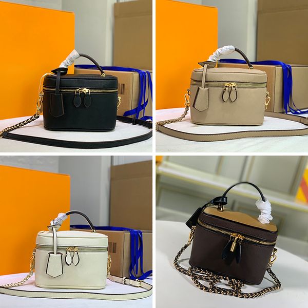 

designer ladies vanity shoulder bag cosmetic case handbag crossbody wallet cowhide leather canvas embossed grain zipper padlock fashion