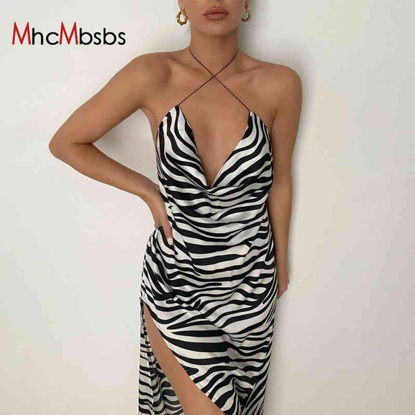 

y2k sleeveless backless halter slit zebra stripes print maxi slip dress summer women fashion club long outfits 210517, Black;gray