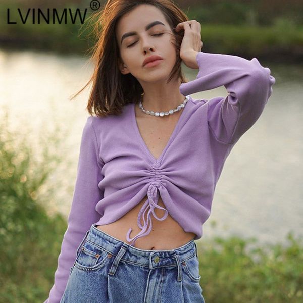 

lvinmw v neck flare sleeve long drawstring slim purple crop pleated solid simple sweet t shirts women casual autumn y0508, White