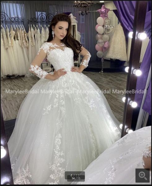 

2021 robe de mariage white tulle ball gown wedding dresses beaded lace appliques long sleeve modest princess bridal gowns vintage saudi arab