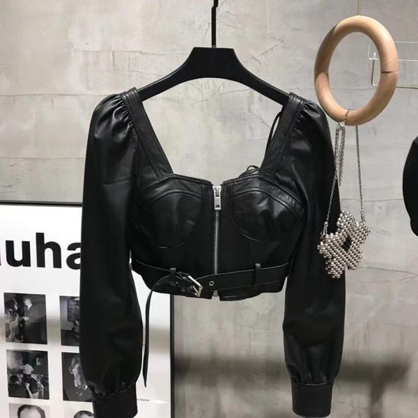 

women's leather & faux ladies' jacket open collar real lambskin top, Black