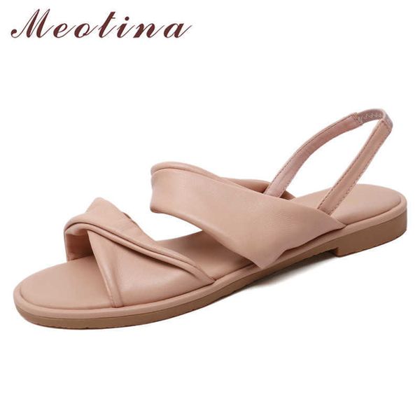 

meotina sandals women pleated natural genuine leather flat shoes round toe flats lady footwear summer sandals pink black blue 210608
