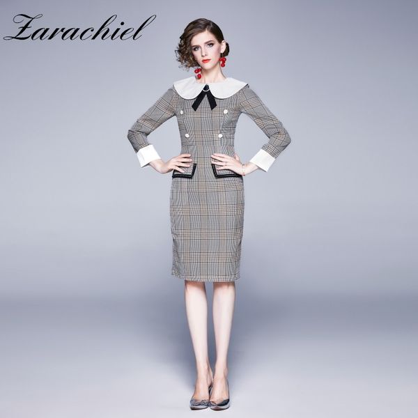 

spring women preppy style plaid long sleeve peter pan collar bow dresses runway design elegant knee-length dress 210416, Black;gray