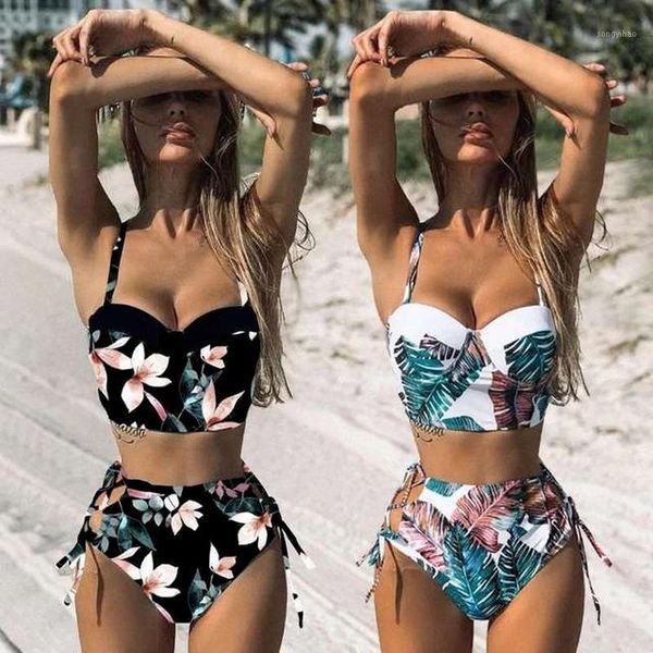 

women's swimwear high waist 2021 leaf print bikinis women swimsuit vintage retro bathing suit halter biquini maillot de bain femme, White;black