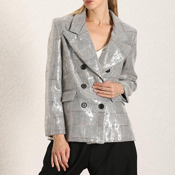 

seebeautiful fashion 2021 autumn sequins sitching lapel long sleeve double breasted pocket loose coat single suit women n161 women's su, White;black