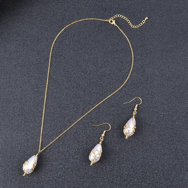 

pendant necklaces artificial imitation pearl necklace and earring set wrapped gold wire water drop golden, Silver