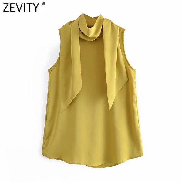 

women's blouses & shirts zevity women fashion scarf collar sleeveless solid vest smock blouse ladies casual satin shirt chic blusas ls, White