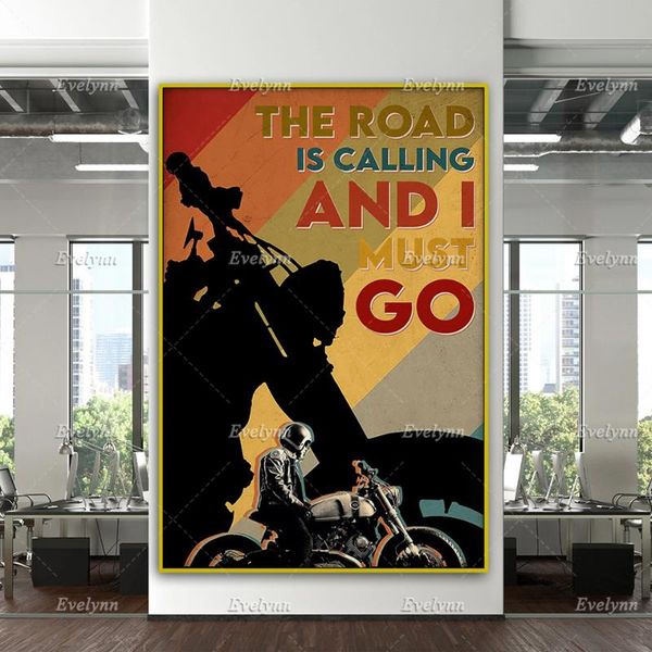 

paintings motorcycle racing racer rider biker retro poster the road is calling and i must go home decor canvas wall art prints gift
