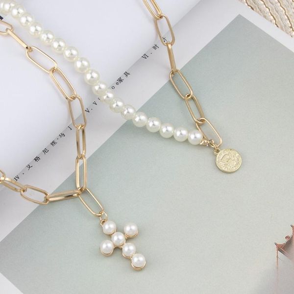

pendant necklaces coin pearl multi layer cross necklace for women bohemian gold choker trendy 2021 jewelry, Silver