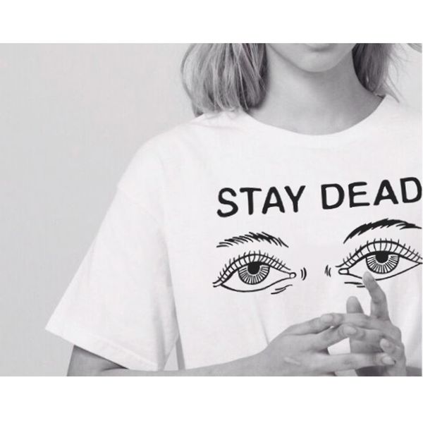 

women's t-shirt zsiibo summer women letter t shirt harajuku fashion printed stay dead letter round neck eye t-shirt wt49 w, White