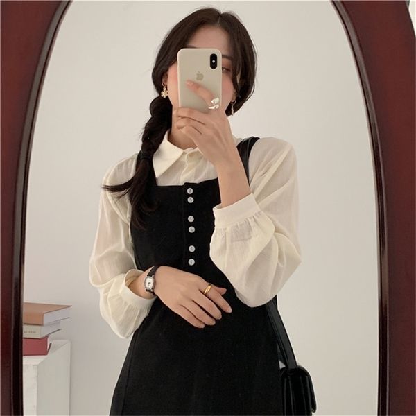 

s xl spring autumn 2 piece suit blouse sleeveless black vintage women dresses female girls dress suits robe femme vestido 210423, White