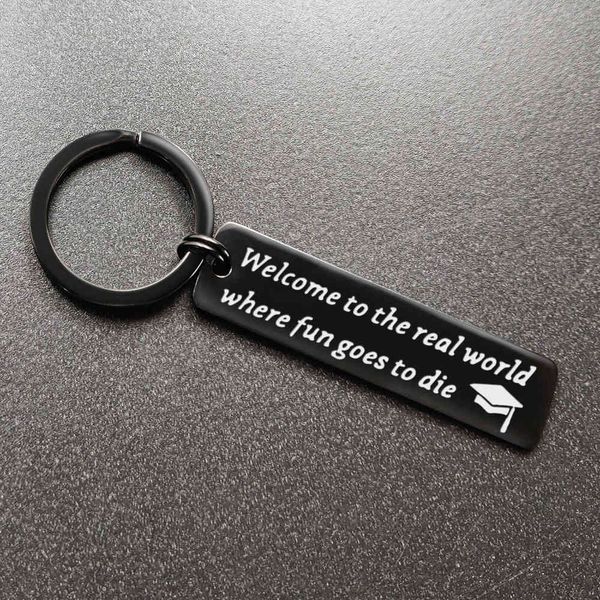 

stainless steel jewelry keychain 2021 new graduation season gift welcome to the real world, Slivery;golden