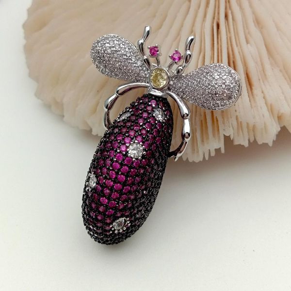 

yygem fuchsia clear cubic zirconia pave white gold plated insect brooch pin for women, Gray