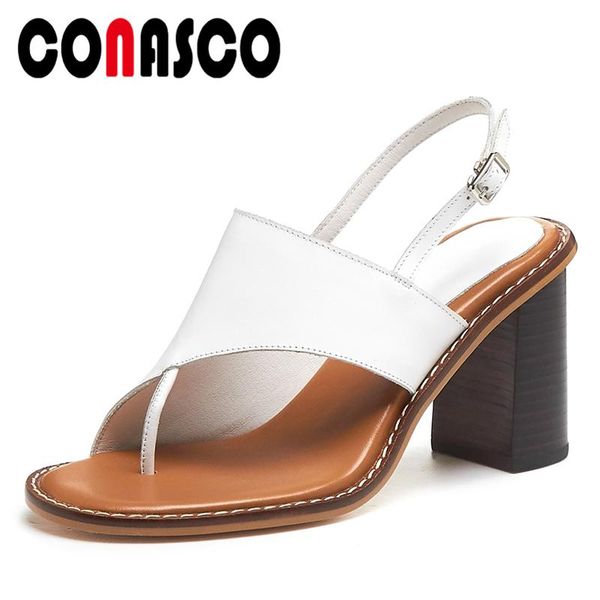 

dress shoes conasco women sandals genuine leather pumps thick heels fashion concise summer 2021 arrival casual woman, Black