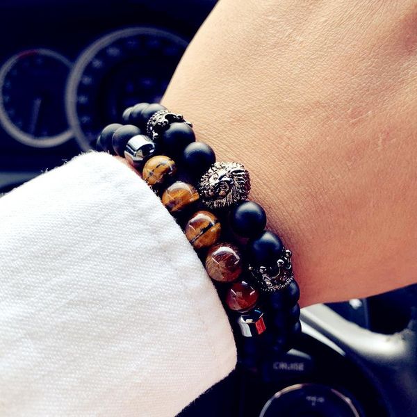

charm bracelets 2pcs/set crown matte beads bracelet men 2021 royal handmade lion sets for fashion jewelry gift, Golden;silver