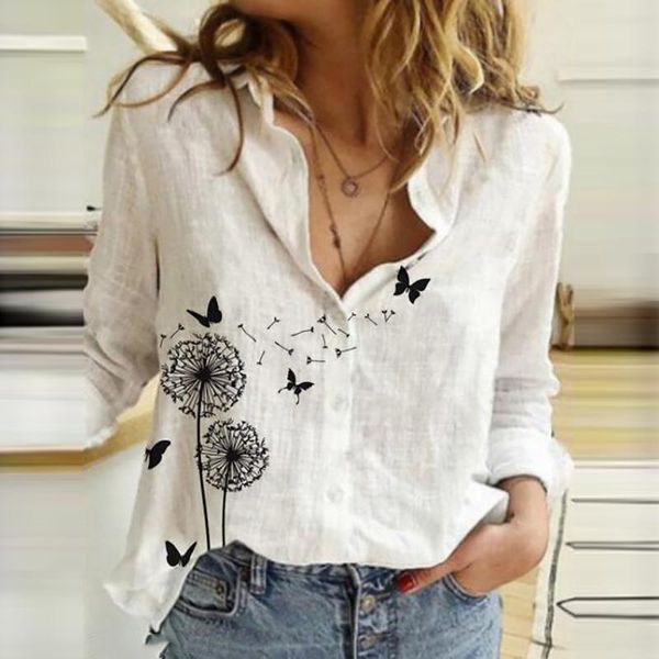 

women's t-shirt woman tshirts women 2021 casual fashion button printed long sleeve camisetas mujer t-shirty damskie, White