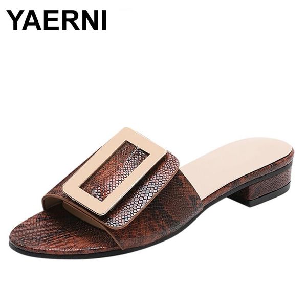 

slippers yaerni women buckles flat shoes ladies snake printed peep toe hoof heels elegant, Black