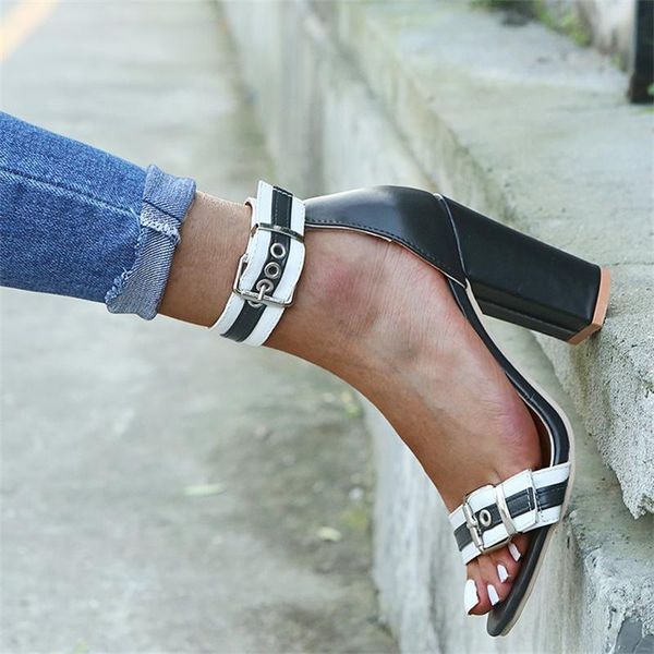 

sandals 2021 women's shoes fashion trend classic color matching pu one-word buckle belt decoration elegant high heels km140, Black