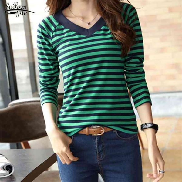 

spring long sleeve shirt women striped v-neck t autumn casual 's fashion chic style lady s 210421, White