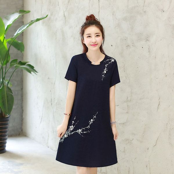 

chinese style clothing women 2021 summer sundress cotton linen dress short sleeve embroidery vintage robe dress 12149, Red
