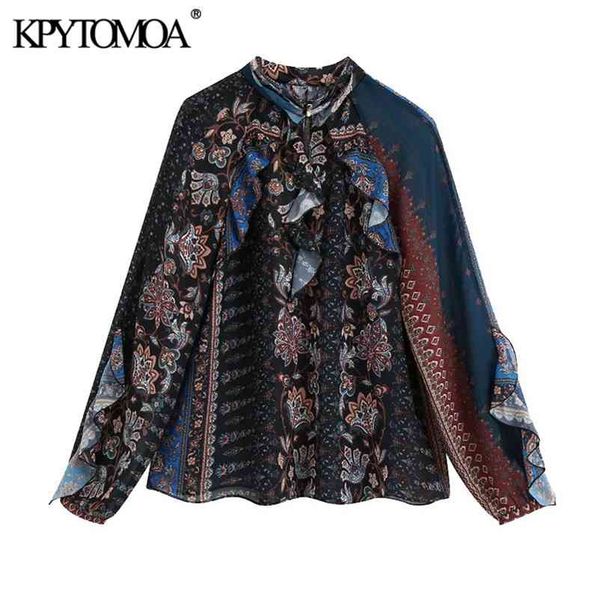 

women fashion patchwork print loose blouses vintage high collar long sleeve with ruffles female shirts chic 210420, White