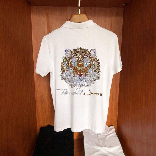 

men's polos 2021 slim fit shirt luminous hd tiger rhinestone casual street brand short sleeve, White;black