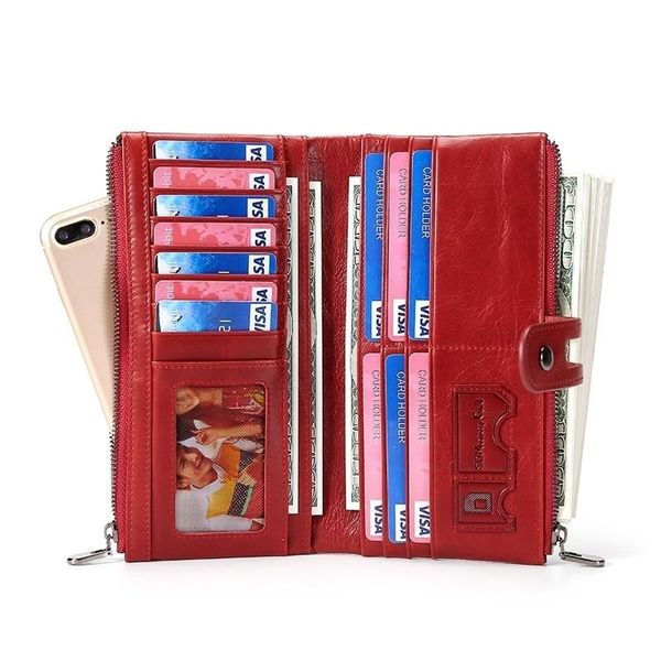 

wallets rfid anti-theft head layer leather wallet ladies europe and united states foreign long men's casual clutch, Red;black