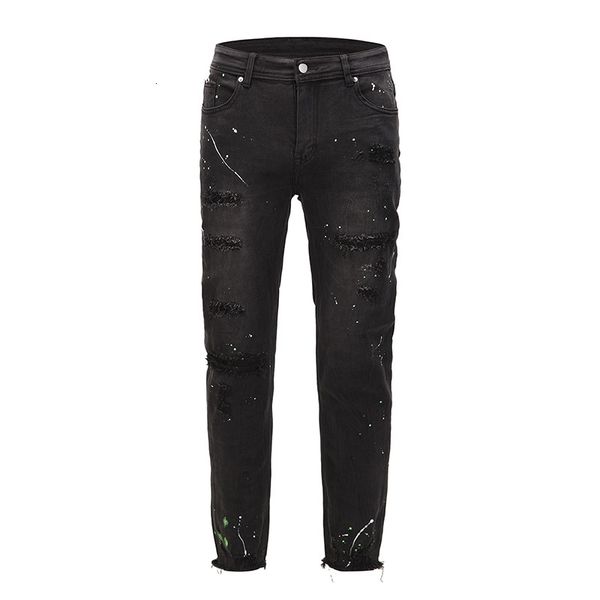 

painted hole jeans for men high street oversize straight pencil pants washed retro loose denin torusers, Blue