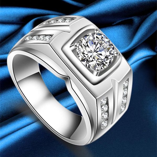 Anéis de casamento anel masculino homens esterling prata 925 vintage homens branco cor clássico grande pedra cz moda jóias