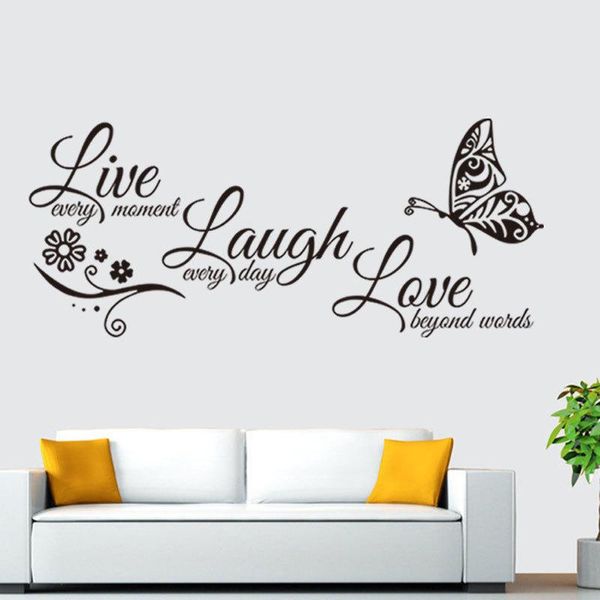 Adesivos de parede ao vivo amor riso citações para sala de estar crianças quarto slogan faça você mesmo decalque em pvc decoração de casa