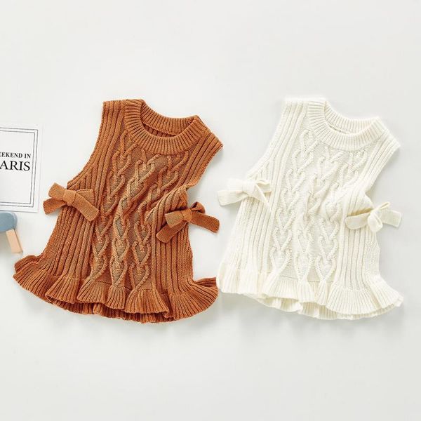 

autumn children's vests baby girls sleeveless sweater girls knitted vest ruffle bow baby girls outerwear 210413, White