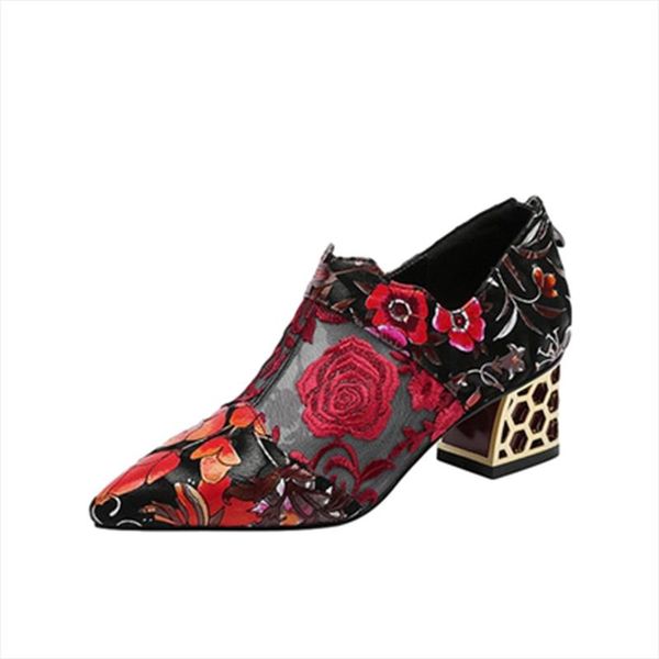 

dress shoes square kitten heel women's and mesh with pointed toe embroidered handmade red blue, Black