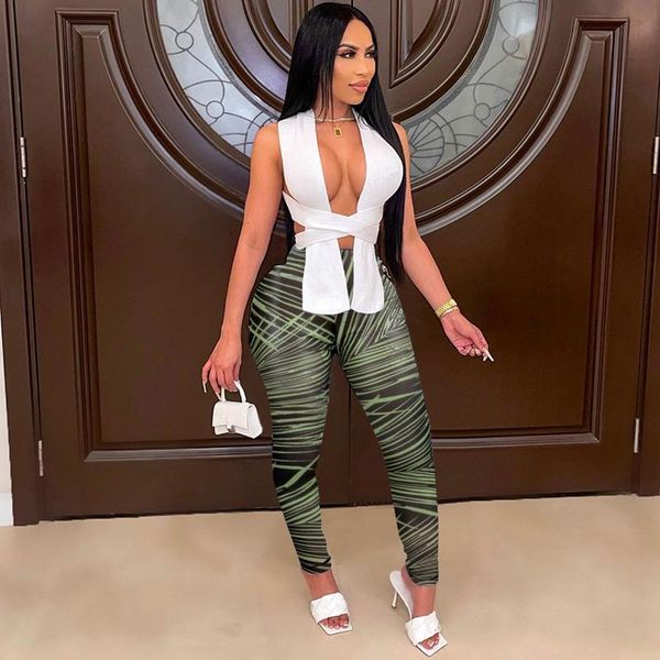 

women's two piece pants set knitted bandage printed leggings women birthday party wear fall outfits night club matching sets, White