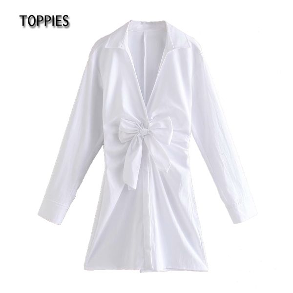 Toppies Fashion Abito camicia bianca Donna Sexy scollo a V Big Bow Chic Mini abito manica lunga Abiti da festa femminili 210412