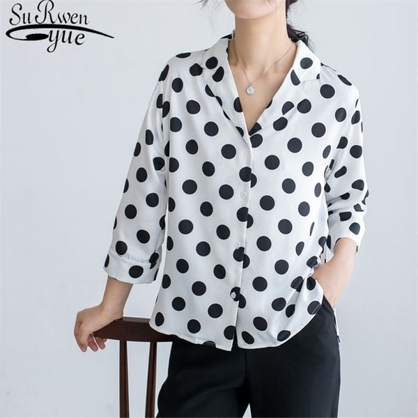 İpek Kadın Bluz Üç Çeyrek Gömlek Moda Giyim Üstleri Vintage Şifon Saten Polka Noktalar 5260 50 210521
