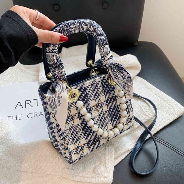 

bag women 2021 summer new fashion woolen plaid portable princess bag women's net red texture pearl diagonal bag