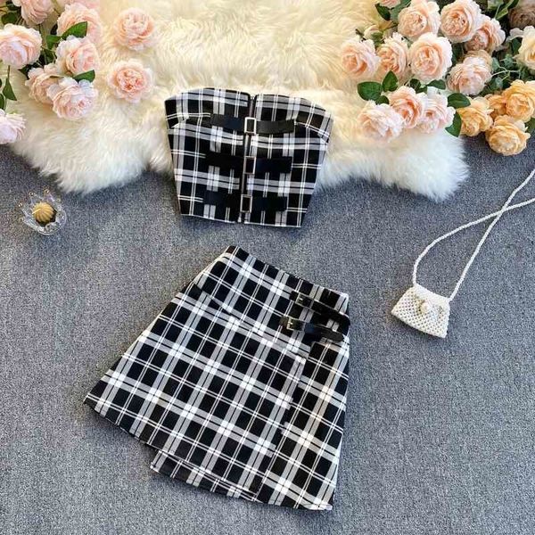 

bar and nightclub suit tube halter plaid high waist irregular short skirt two-piece female trend 210525, White