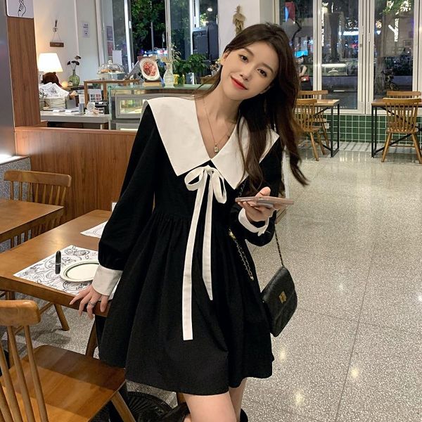

casual dresses autumn dress 2021 french doll led show thin waist bowknot hubble-bubble sleeve woman, Black;gray