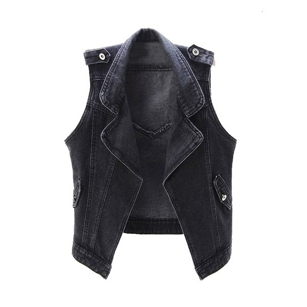 

women's vests plus size short women jeans vest black lapel denim outerwear vintage slim waistcoat korean casual sleeveless jacket, Black;white
