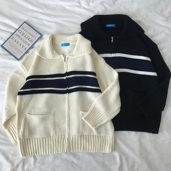 

2 colors autumn and winter women sweater korean style turn down collar stripe zipper thick knittd cardigans womens sweaters c8540, White;black