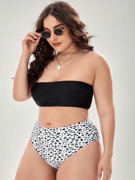 

plus dalmatian print bandeau bikini swimsuit g4lb#, Black