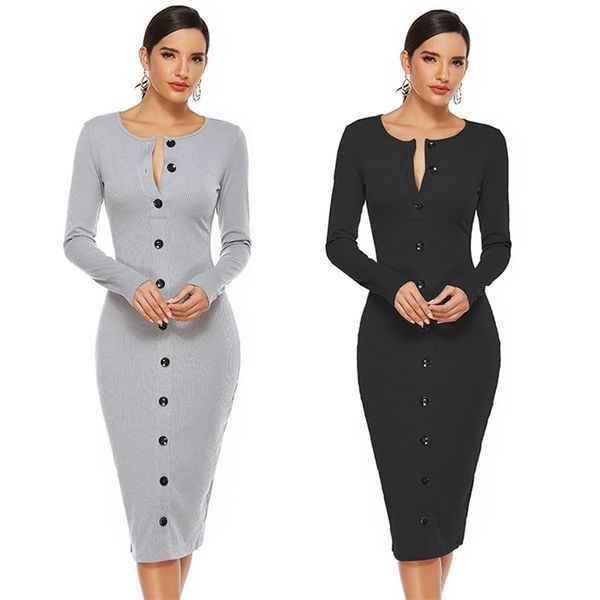 

women midi sweater dress autumn winter button long sleeve slim bodycon black pencil office lady es robe 210507, Black;gray