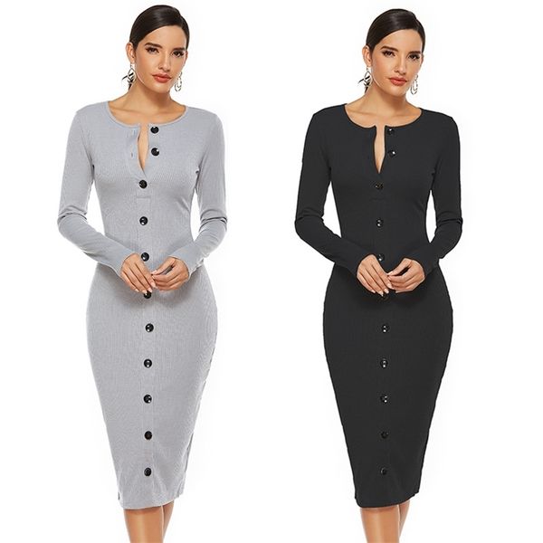 Frauen Midi Pullover Kleid Herbst Winter Taste Langarm Slim Bodycon Schwarz Bleistift Büro Dame es Robe 210507