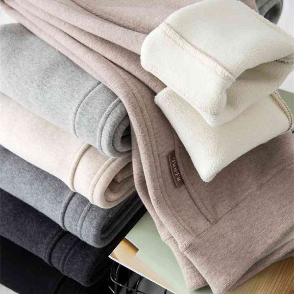 

winter thicken plush leggings women pure cotton skinny pants female high waist outer wear warm lamb wool elastic trousers 210820, Black