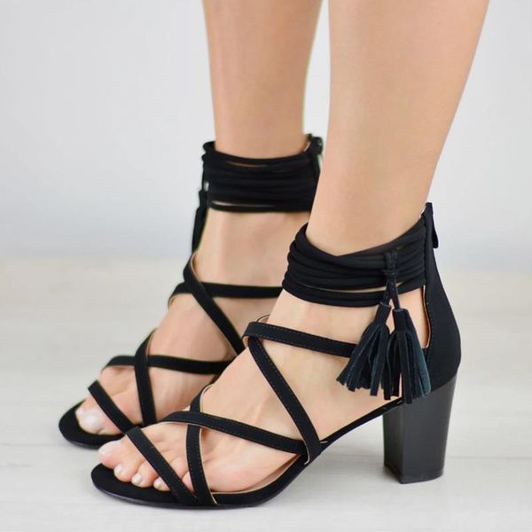 

square heel fringe high gladiator sandals women ankle strap rome zipper narrow band plus size summer bohemian shoes, Black