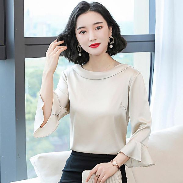 

women's blouses & shirts korean silk blouse, satin flared top, White