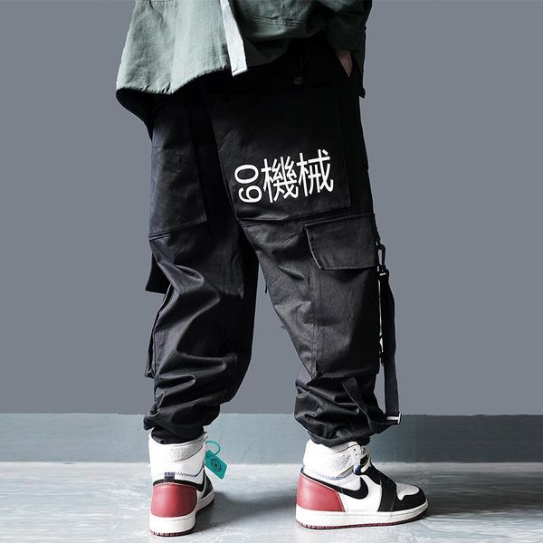 

multi-pocket cargo pants men's hip hop clothing elastic waist motorcycle black men ribbon jogging with drawstring
