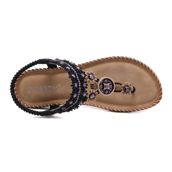 

sandals 2021 national style women's bohemian beaded water clip toe beach flat shoes, Black